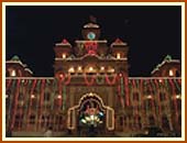 The majestic Akshar Gate, resplendent in Diwali lights, leading in to Akshar Mandir, Gondal.