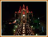 The majestic Akshar Gate, resplendent in Diwali lights, leading in to Akshar Mandir, Gondal.