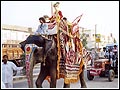 The murti of Lord Swaminarayan on a decorated elephant