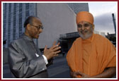 Hon. Dr. L.M.Singhvi, Jain Scholar and Member of Parliament of India, congratulated Swamishri for his speech and happily informed him that he was the first person to have ever spoken in Gujarati at the UN. 