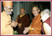 A delegation of Buddist monks from H.H. Dalai Lama meeting Pujya Atmaswarup Swami on their arrival for the Peace Summit