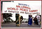 BAPS volunteers with a Welcome banner for the delegates at the United Nations building