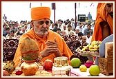 Swamishri during the Shilanyas Maha-puja ceremony
