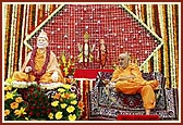 The murtis of Lord Akshar Purushottam Maharaj and Yogiji Maharaj were placed before a beautifully decorated backdrop of flowers. Swamishri presided during the Shilanyas assembly