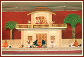 Thakorji, Swamishri  and senior sadhus on the main assembly stage