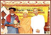 Puja Tyagvallabh Swami presents an auspicious pot to one of the Muslim home owners
