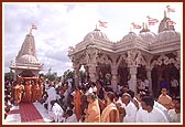 Swamishri circumambulating the newly consecrated mandir