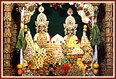 Varieties of food items offered to the murtis in each of three shrines of the main mandir