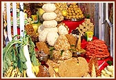 Varieties of food items offered to the murtis in each of three shrines of the main mandir