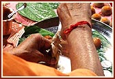 Swamishri ceremoniously bathes Shri Harikrishna Maharaj in panchamrut during the rituals