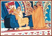 Swamishri displays a newly-inaugurated poster of Shriji Maharaj 