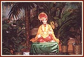 The murti of Bhagwan Swaminarayan seated  in the haveli annakut display