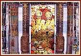 Varieties of vegetarian food items offered to the murtis in each of three shrines of the main mandir 