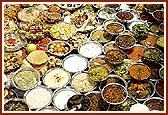 Varieties of food items offered to the deities in each of three shrines of the main mandir