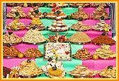 Varieties of vegetarian food items offered to the murtis in each of three shrines of the main mandir 