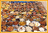 Varieties of vegetarian food items offered to the murtis in each of three shrines of the main mandir 