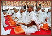 Pujya Mahant Swami, together with the parshads and sadhaks, perform the diksha mahapuja ceremony