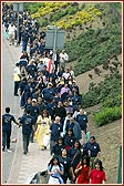 Overhead view of the walkers along the main road leading to the Mandir