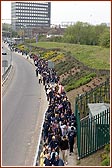 Overhead view of the walkers along the main road leading to the Mandir