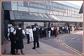 Awaiting Swamishri's arrival at London Heathrow's Terminal 3 - Departures