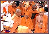 Swamishri makes his way through a crowd of joyous devotees