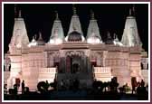 The Mandir illuminates at night