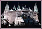 The Mandir illuminates at night