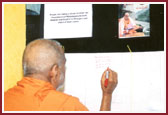 Swamishri writing Swaminarayan Mahamantra