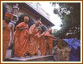 Swamishri reverentially touching the trunk of the sacred neem tree