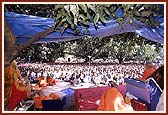 Swamishri addressing a giant Satsang assembly in a mango grove, Sankari Mandir