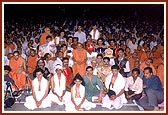 Swamishri with youth performers of the grand drama ' Karna's Enigma'