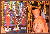 Performing theVedic rites during the murti pratishtha ceremony of the murti of Guru Parampara at Shree Swaminarayan Mandir, Vadu