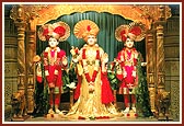 Exquisitely decorated murtis of Shree Dham, Dhami and Mukta