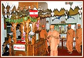 Swamishri circumambulating the  symbolic Akshar Deri in the mandir