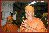 Swamishri during darshan of Thakorji on his arrival to the mandir