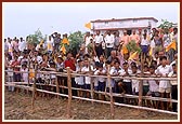 The local Udiya devotees welcome Swamishri with flags and music