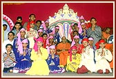 After performing a folk dance the balaks pose with Swamishri 