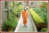 Swamishri's evening walk on the grounds of Akshar Purushottam Chhatralay