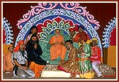 Youths of Gondal perform a drama to show the steadfastness of Abhaysinh Darbar and then receive Swamishri's blessings