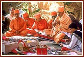 Swamishri and senior sadhus perform the shilanyas rituals