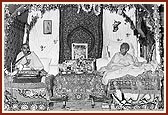 Yogiji Maharaj listens to the parayan delivered by Pramukh Swami Maharaj