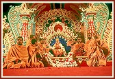 The resident sadhus of Sankari mandir offer a garland to Swamishri