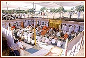 Devotees seated in the shilanyas ceremony in the foundation pit