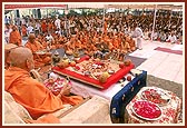 Swamishri in the mahapuja in the assembly hall