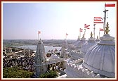 Devotees climb the mandir steps for darshan