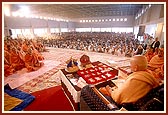 Swamishri performs morning puja in the new assembly hall at Gadhada mandir