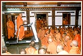 After concluding his walk, Swamishri addresses the sadhus