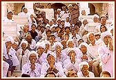Devotees wait patiently on the mandir steps to catch a glimpse of Swamishri