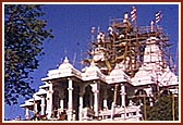 Shri Swaminarayan Mandir with the kalashes fitted to the top of the pinnacles