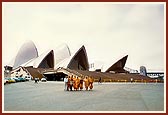 Swamishri and sadhus outside the Sydney Opera House